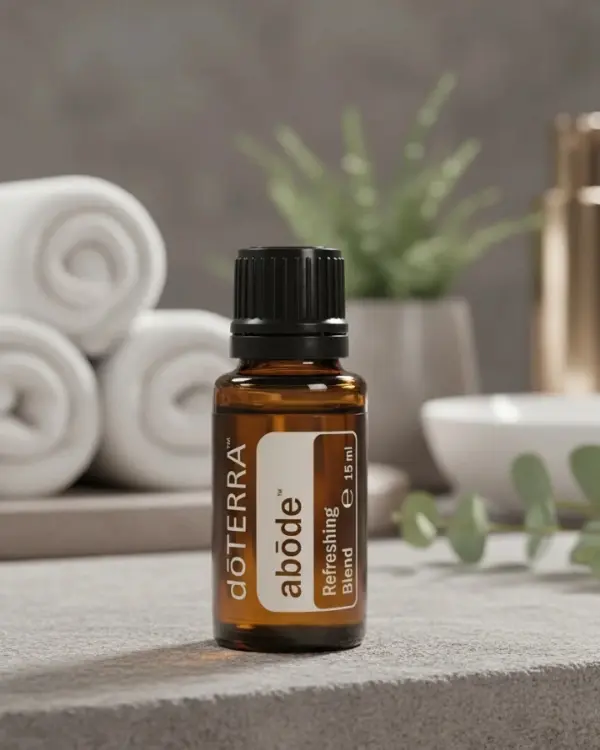 Abode doTERRA na kamiennej podstawce obok złożonych ręczników spa