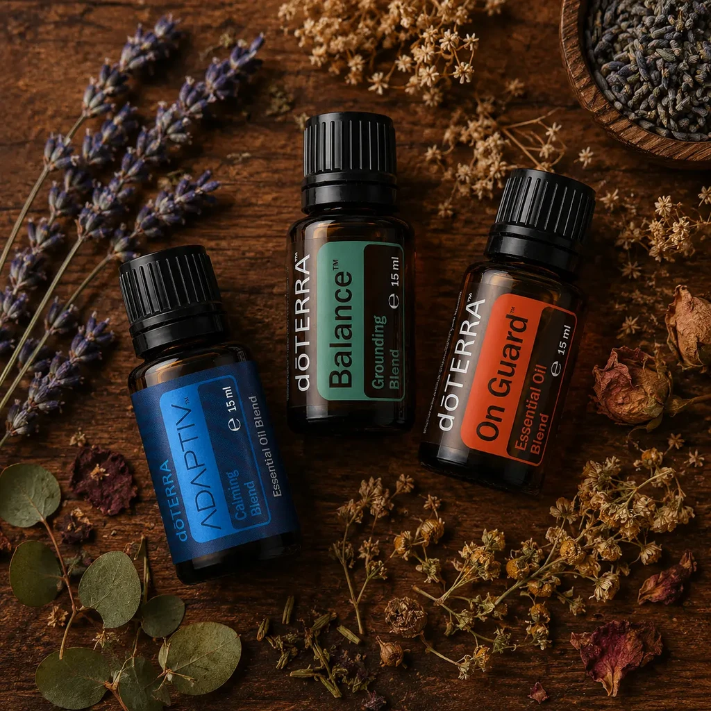 Mieszanki olejków eterycznych doTERRA – Balance, On Guard i Adaptiv na suszonych kwiatach