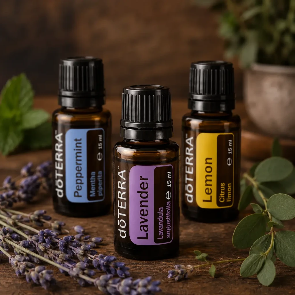 Olejki eteryczne doTERRA – Lavender, Peppermint i Lemon na drewnianym blacie z lawendą