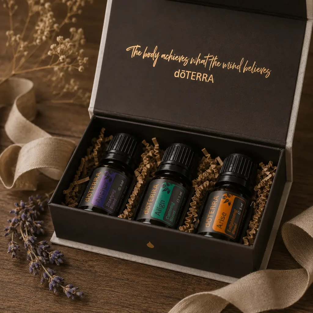Zestaw prezentowy doTERRA z olejkami Anchor, Align i Arise w eleganckiej czarnej szkatułce