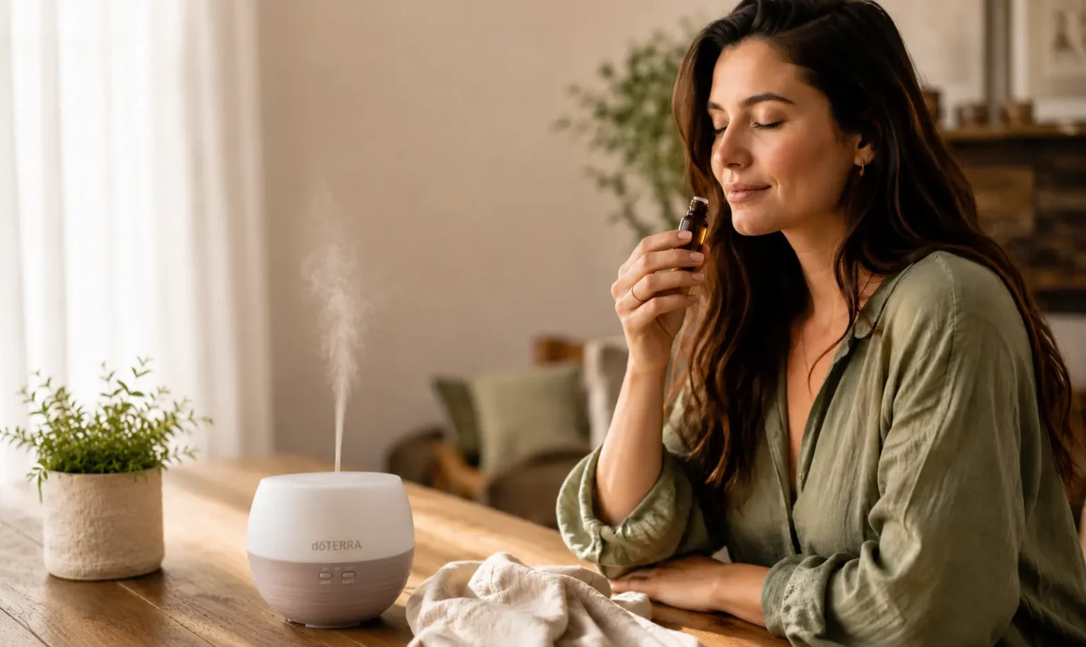 Kobieta wąchająca olejek eteryczny doTERRA przy dyfuzorze — naturalna aromaterapia w domu