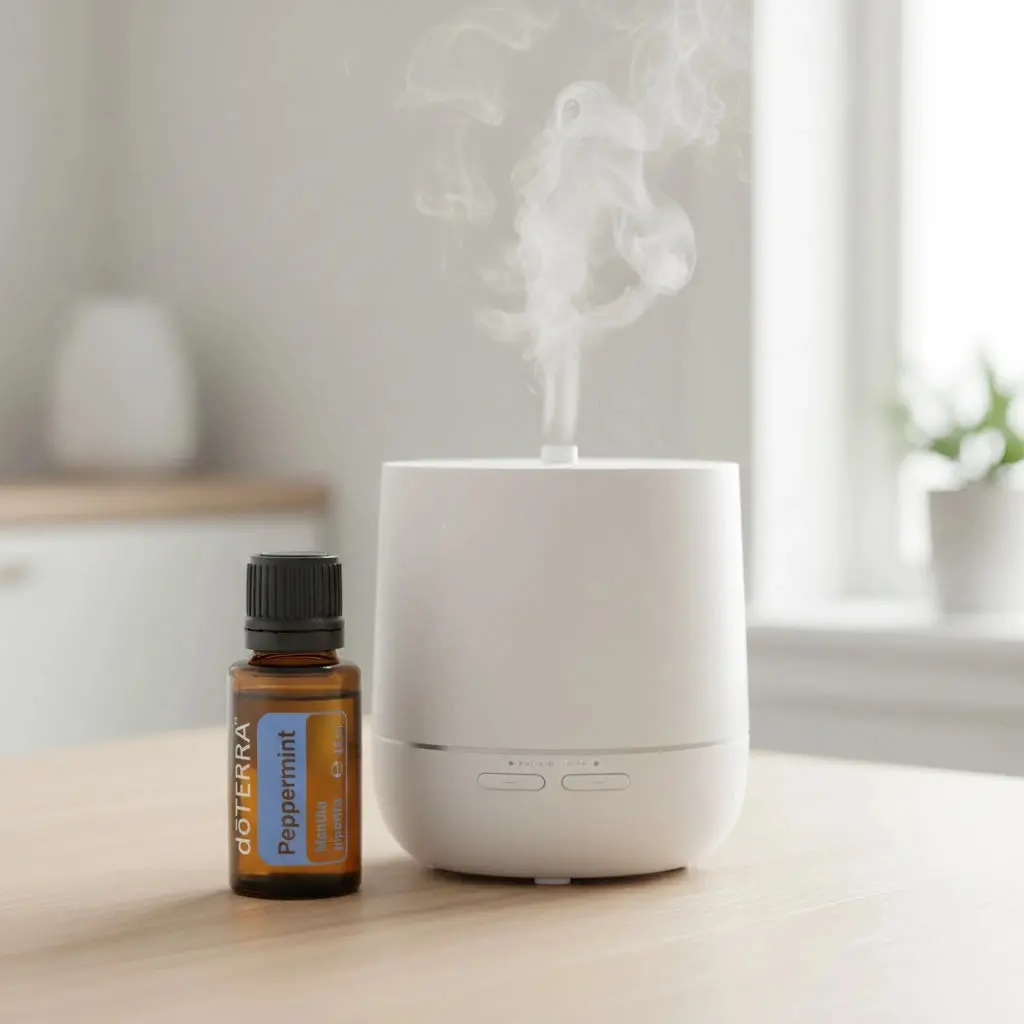 Olejek eteryczny Mięta Pieprzowa doTERRA przy dyfuzorze ultradźwiękowym z unoszącą się parą