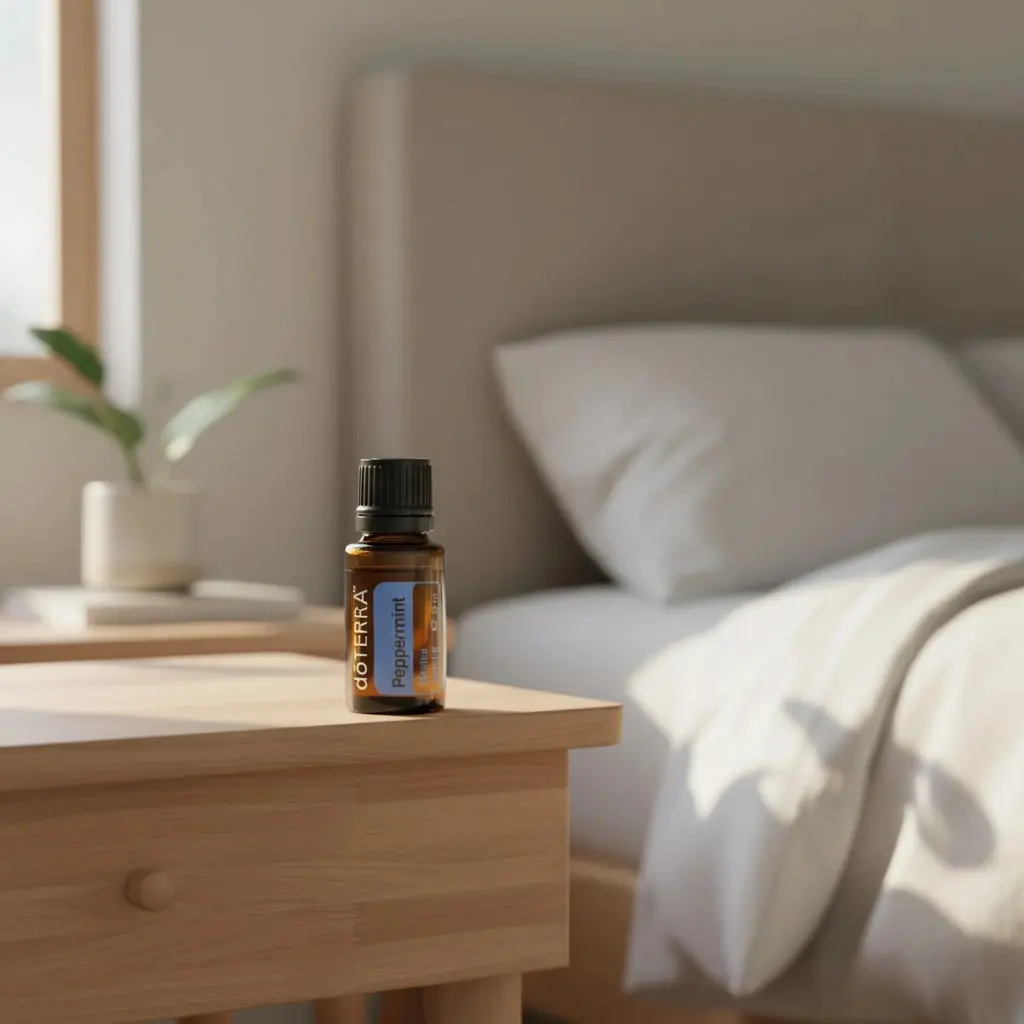 Olejek eteryczny Mięta Pieprzowa doTERRA na drewnianym stoliku nocnym przy łóżku