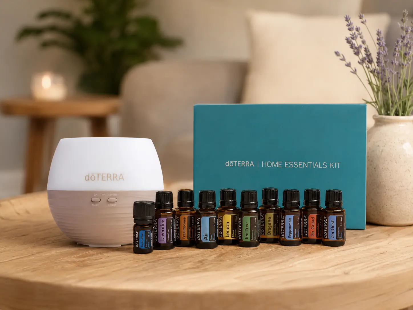 Zestaw doTERRA Home Essentials — 10 olejków eterycznych i dyfuzor Petal, domowa apteczka