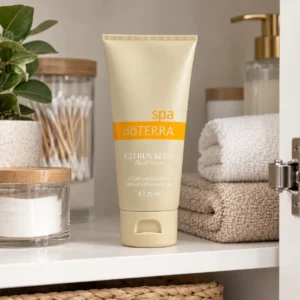 Balsam do rąk Citrus Bliss doTERRA na półce w szafce łazienkowej obok ręczników i słoików