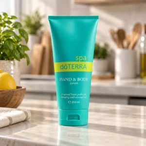 Balsam do rąk i ciała doTERRA SPA na kuchennym blacie obok bazylii i cytryn