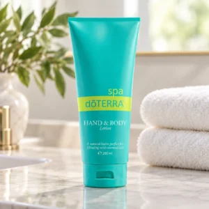 Balsam do rąk i ciała doTERRA SPA na marmurowym blacie w łazience obok ręczników