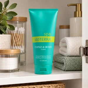 Balsam doTERRA SPA na półce w szafce łazienkowej obok ręczników i słoików