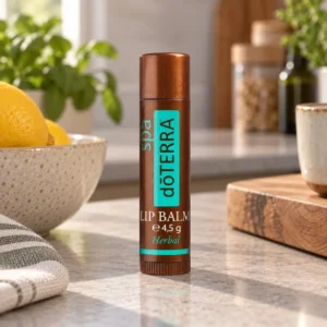 Balsam do ust doTERRA SPA na kuchennym blacie obok miski cytryn i bazylii