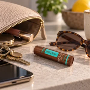 Balsam do ust doTERRA SPA obok torebki, kluczy i okularów przeciwsłonecznych