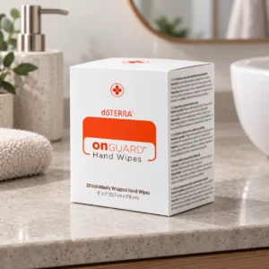 Pudełko chusteczek On Guard doTERRA na blacie w łazience obok dozownika mydła