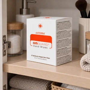 Chusteczki On Guard doTERRA na drewnianej półce w szafce obok słoików i ręczników