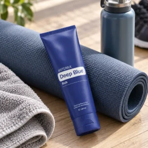 Balsam Deep Blue doTERRA obok maty i butelki wody po treningu