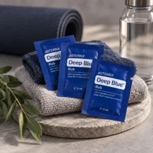 Próbki Deep Blue Rub doTERRA na kamiennej podstawce obok złożonych ręczników
