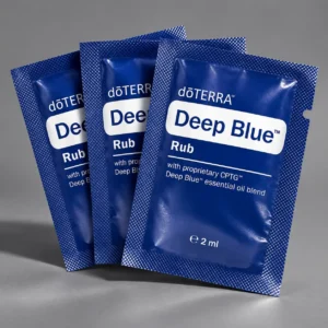 Próbki balsamu Deep Blue doTERRA 2 ml na szarym tle, ujęcie produktowe
