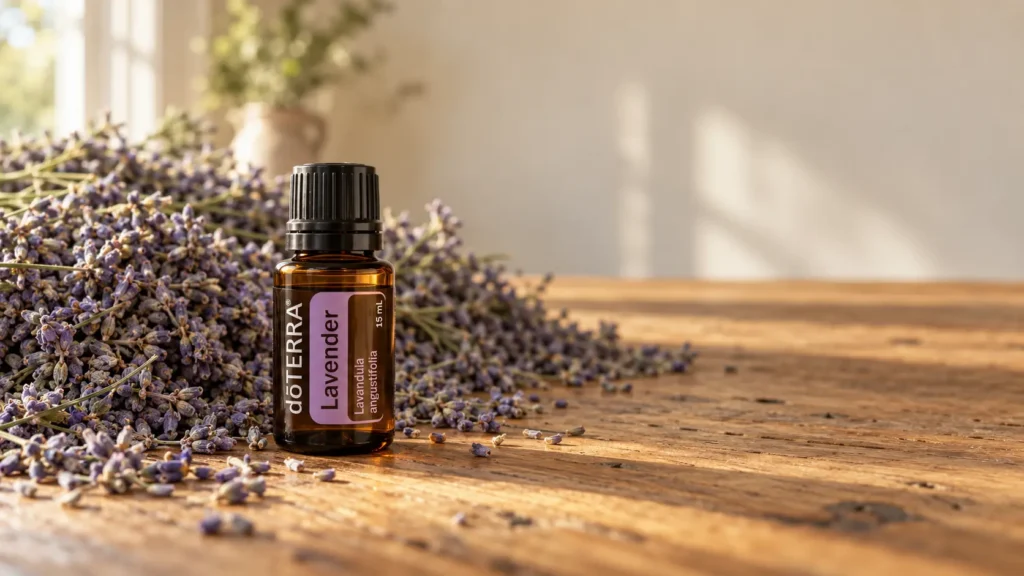 Butelka olejku doTERRA obok kopca lawendy, który schodzi na jedną buteleczkę