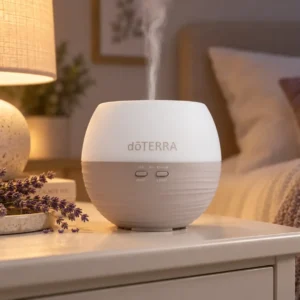 Dyfuzor Petal 2.0 z zestawu Home Essentials doTERRA pracujący na stoliku nocnym w sypialni