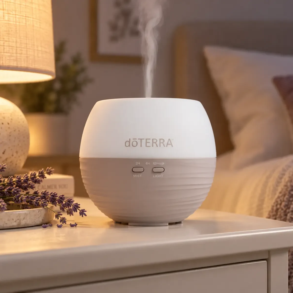 Dyfuzor Petal 2.0 z zestawu Home Essentials doTERRA pracujący na stoliku nocnym