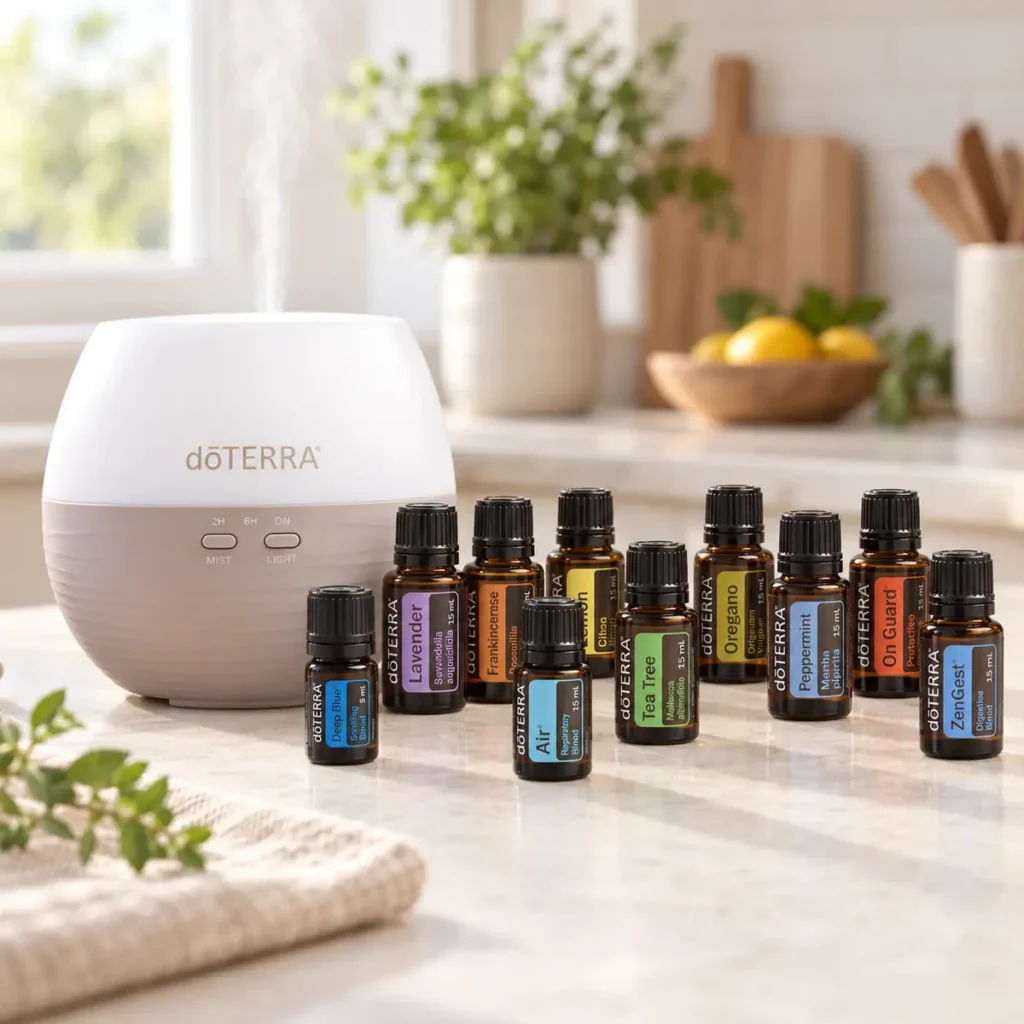 Zestaw Home Essentials doTERRA na kuchennym blacie, dyfuzor Petal 2.0 i dziesięć olejków