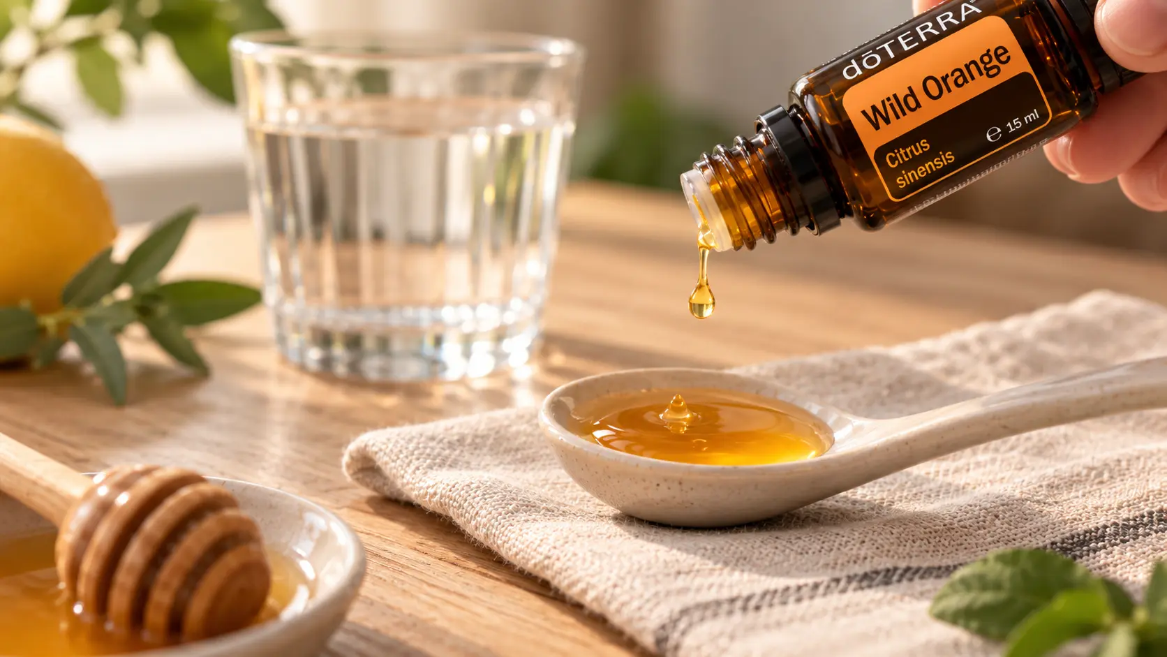 Kropla olejku z dzikiej pomarańczy doTERRA spadająca do ceramicznej łyżeczki z miodem, obok szklanka wody