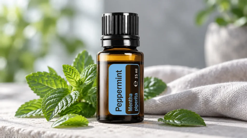 Bursztynowa buteleczka olejku miętowego doTERRA obok świeżych listków mięty w chłodnym świetle poranka