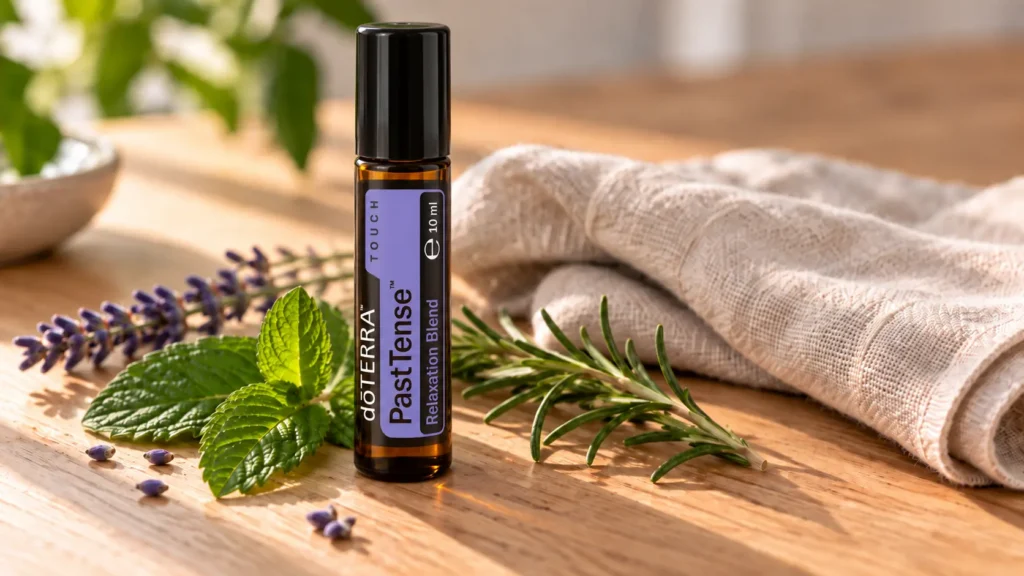 Roll-on PastTense doTERRA na jasnym blacie obok gałązek mięty, lawendy i rozmarynu