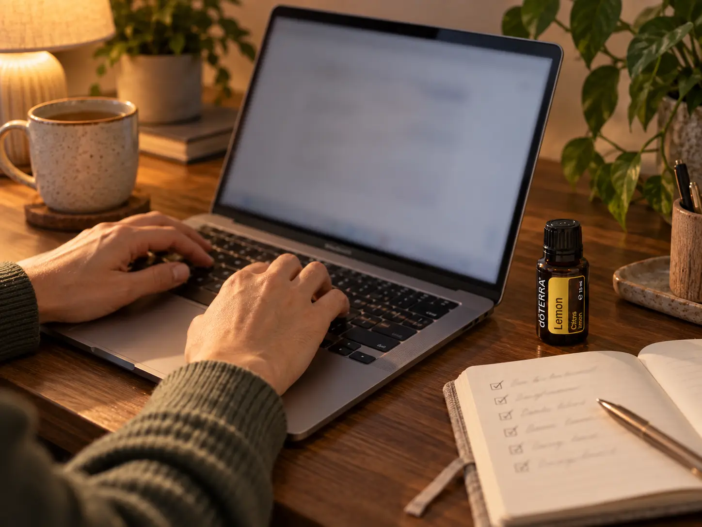 Laptop z otwartym formularzem rejestracyjnym, obok butelka olejku doTERRA i notatnik