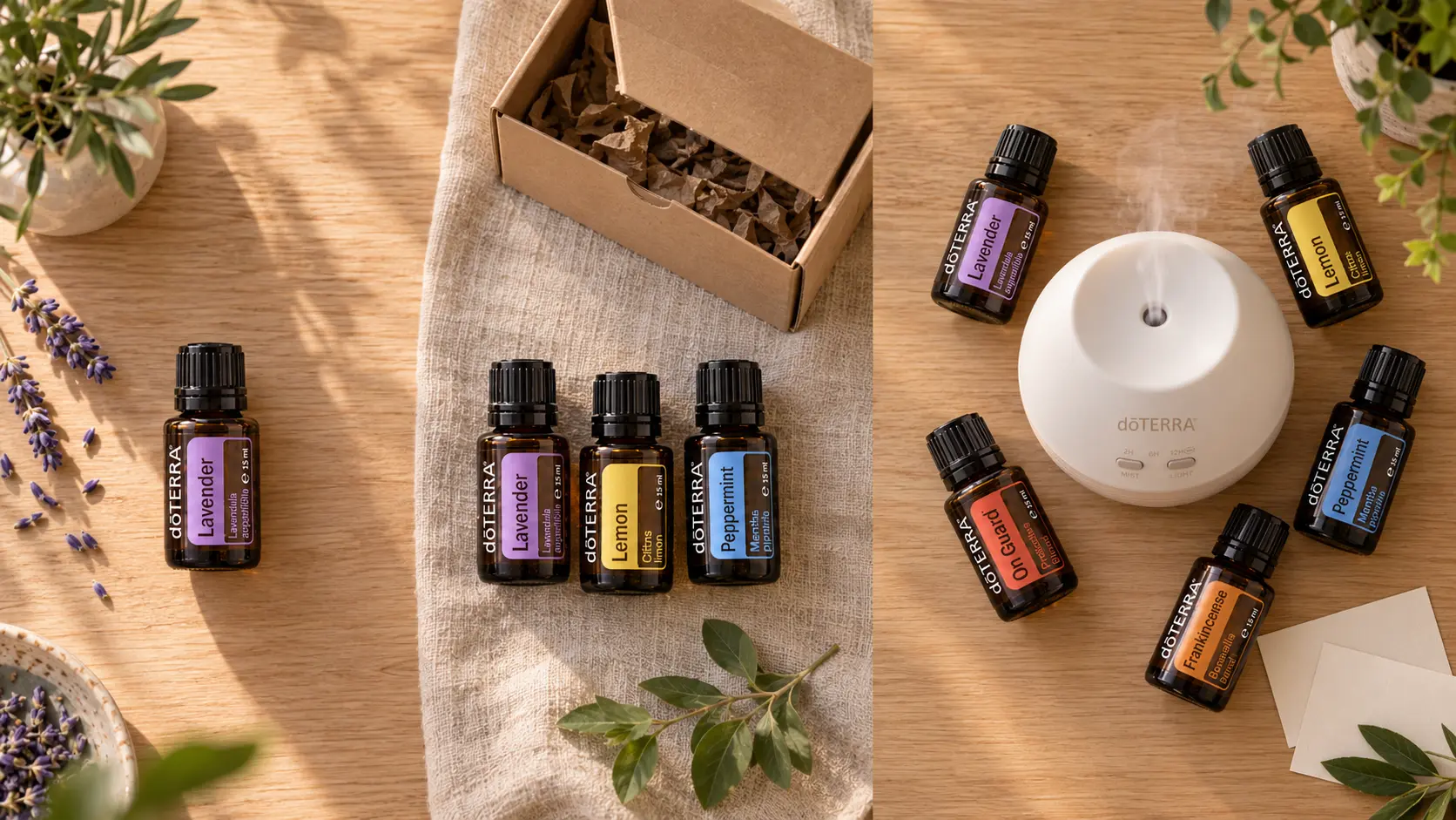 Trzy buteleczki olejków doTERRA i notatnik z trzema kolumnami na drewnianym stole
