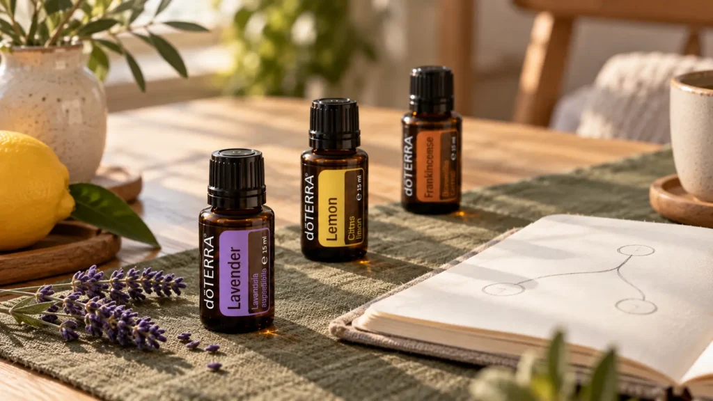 Trzy drogi współpracy z doTERRA: buteleczki olejków eterycznych i notatnik z planem na drewnianym stole