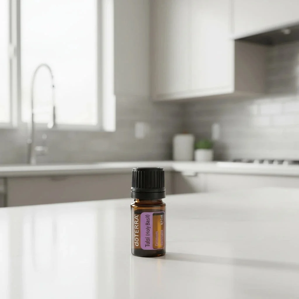 Bazylia Azjatycka (tulsi) doTERRA na białym blacie kuchennym