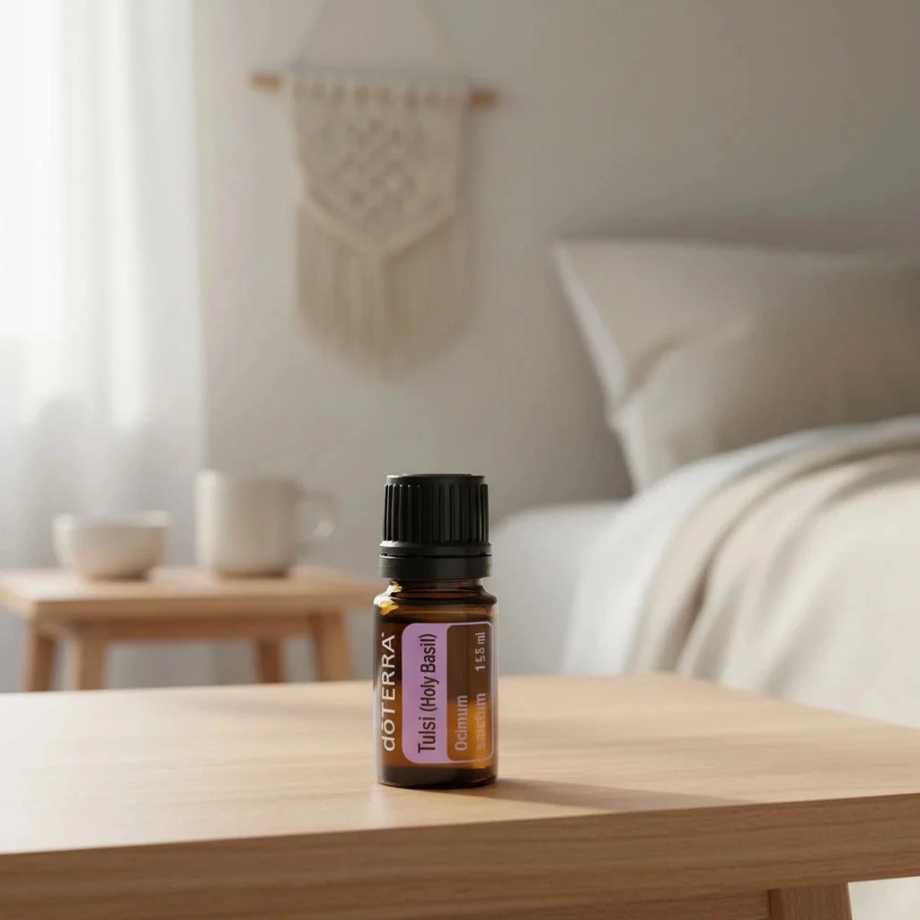 Bazylia Azjatycka (tulsi) doTERRA na drewnianym stoliku nocnym przy łóżku