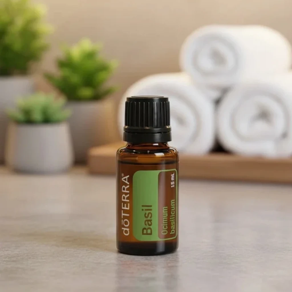 Bazylia doTERRA na kamiennej podstawce obok złożonych ręczników spa