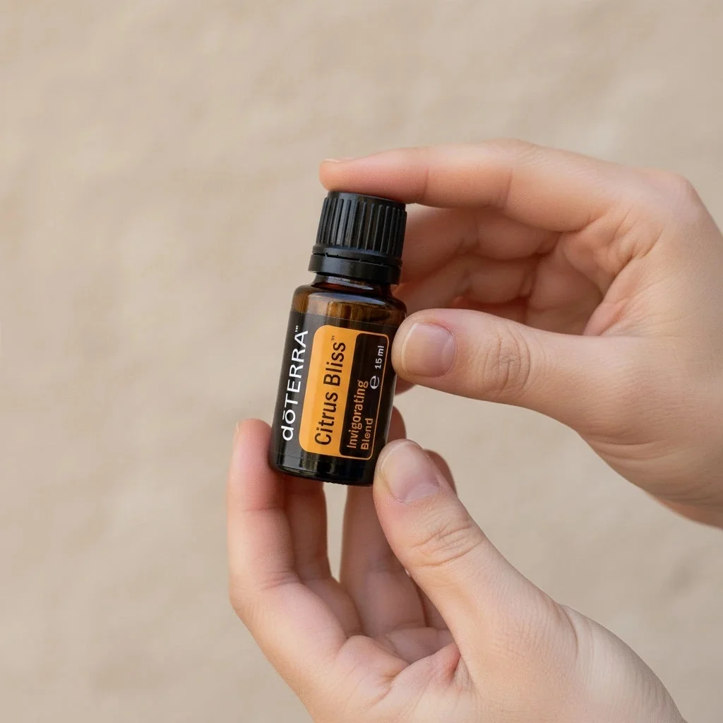 Dłonie trzymające Citrus Bliss doTERRA – aplikacja olejku