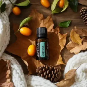 Cyprys doTERRA na jesiennej dekoracji z liśćmi i szyszkami
