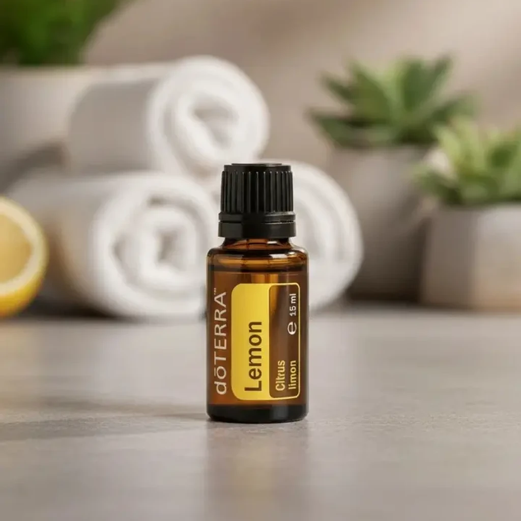 Cytryna doTERRA na kamiennej podstawce obok złożonych ręczników spa