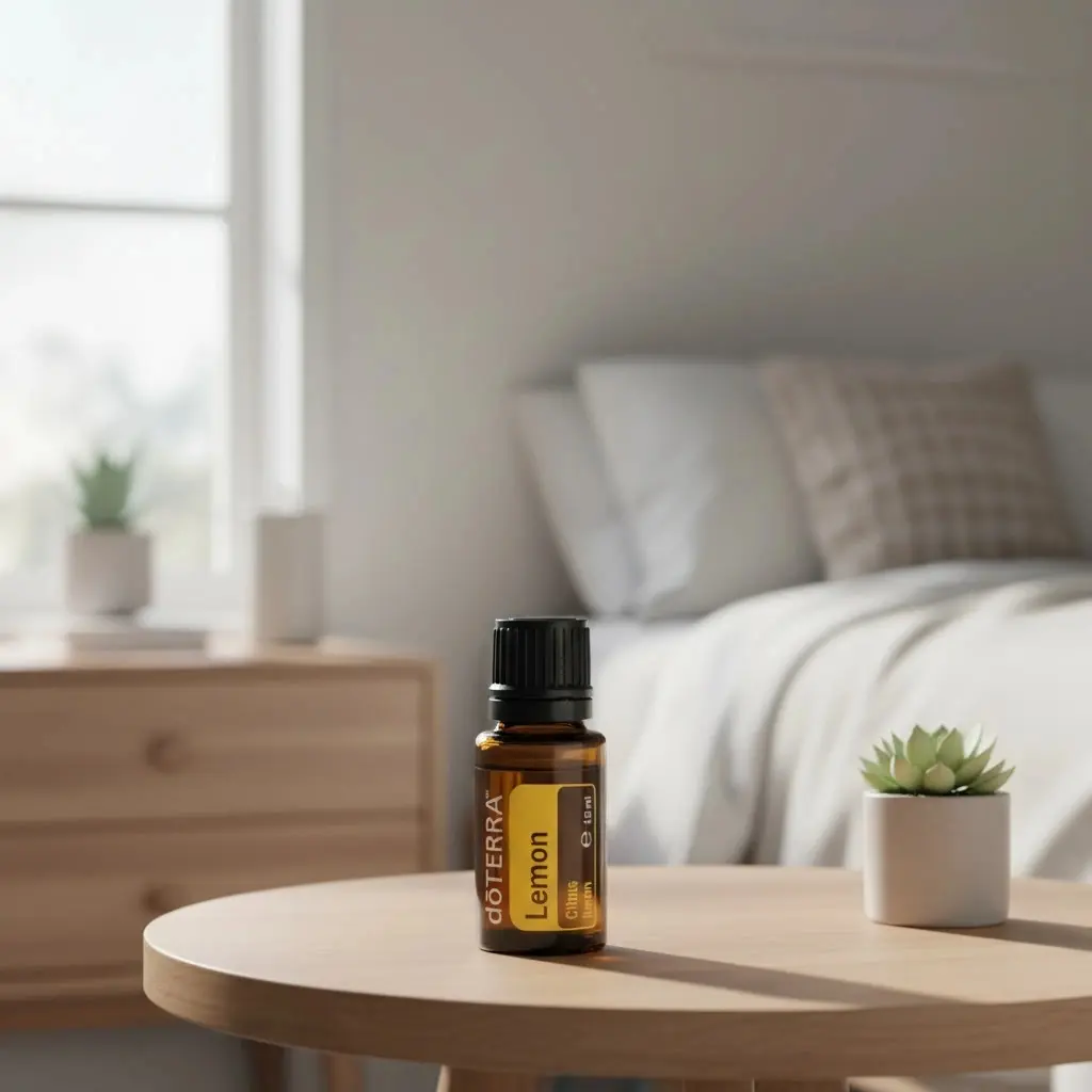 Cytryna doTERRA na drewnianym stoliku nocnym przy łóżku