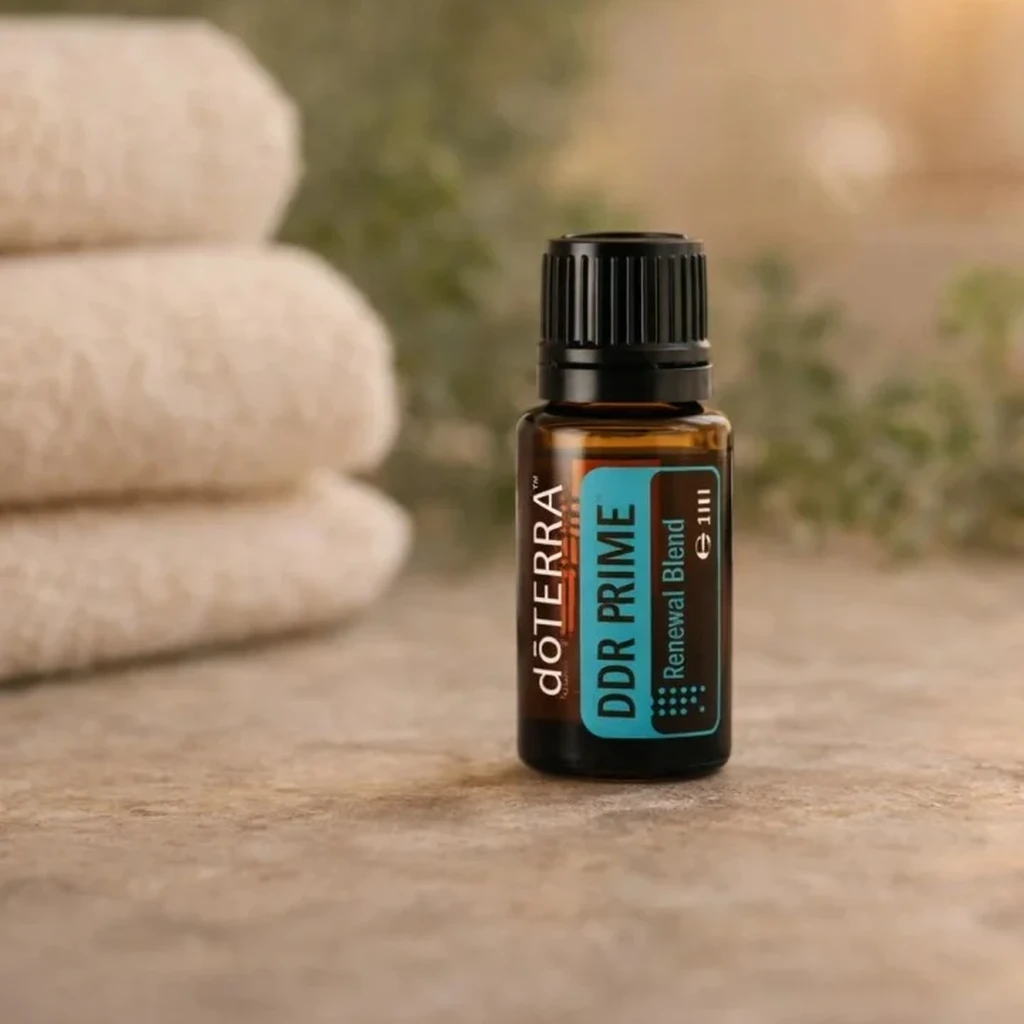 Ddr Prime doTERRA na kamiennej podstawce obok złożonych ręczników spa