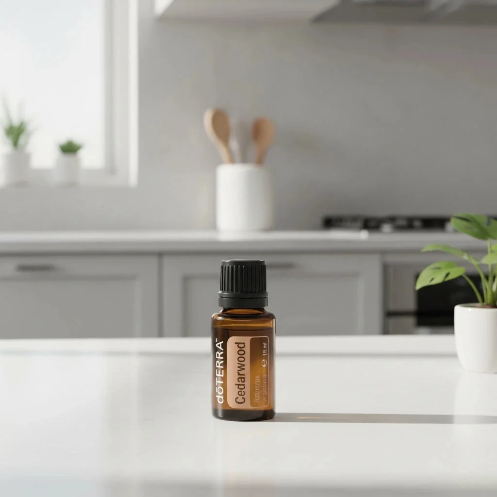 Drzewo Cedrowe doTERRA na białym blacie kuchennym