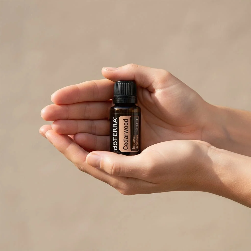 Dłonie trzymające Drzewo Cedrowe doTERRA – aplikacja olejku