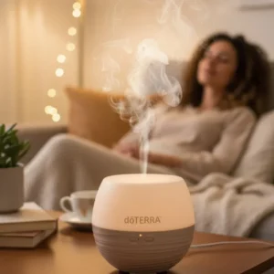 Dyfuzor Dyfuzor Petal 2.0 doTERRA w salonie – kobieta relaksuje się