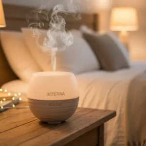 Dyfuzor Dyfuzor Petal 2.0 doTERRA na stoliku nocnym w sypialni