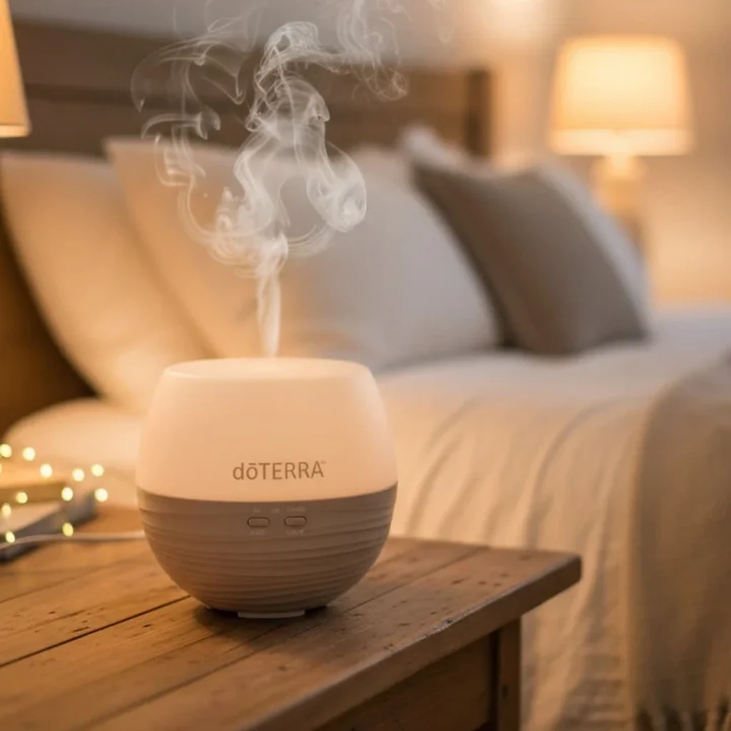 Dyfuzor Dyfuzor Petal 2.0 doTERRA na stoliku nocnym w sypialni