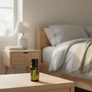 Eukaliptus Cytrynowy doTERRA na drewnianym stoliku nocnym przy łóżku