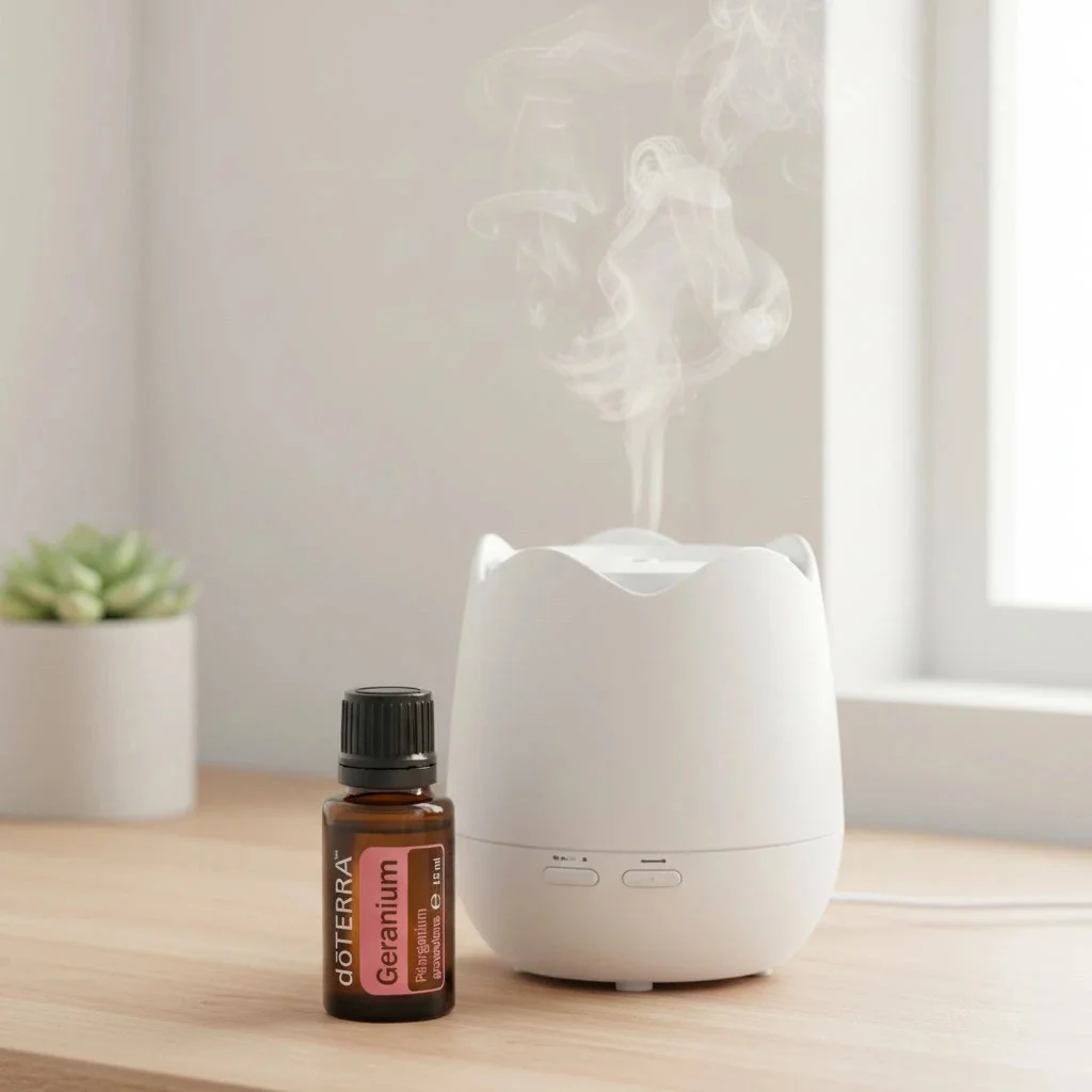 Geranium doTERRA obok dyfuzora aromaterapeutycznego doTERRA