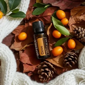 Goździk doTERRA na jesiennej dekoracji z liśćmi i szyszkami