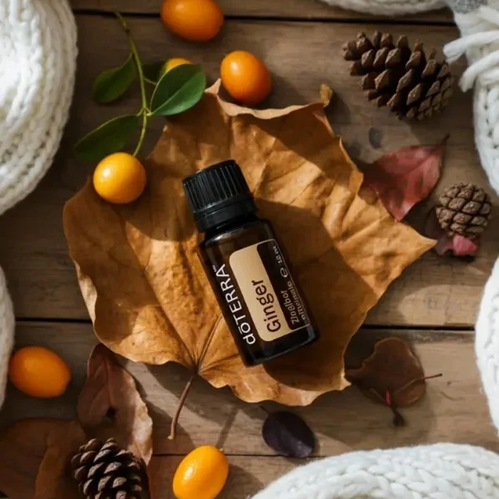Imbir doTERRA na jesiennej dekoracji z liśćmi i szyszkami