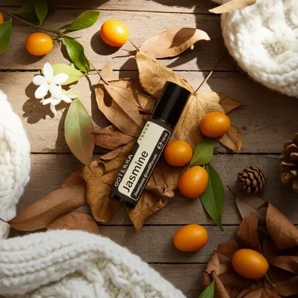 Jasmine Touch doTERRA na jesiennej dekoracji z liśćmi i szyszkami