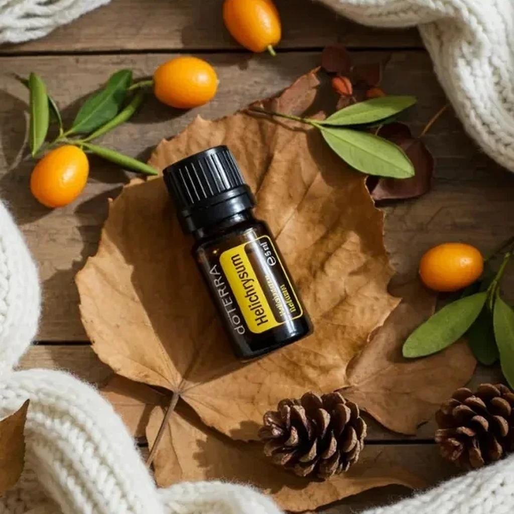 Kocanka Włoska doTERRA na jesiennej dekoracji z liśćmi i szyszkami
