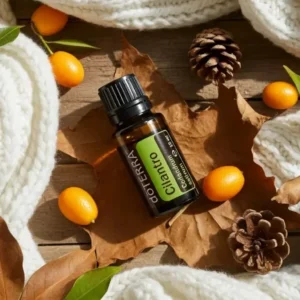 Kolendra (nać) doTERRA na jesiennej dekoracji z liśćmi i szyszkami