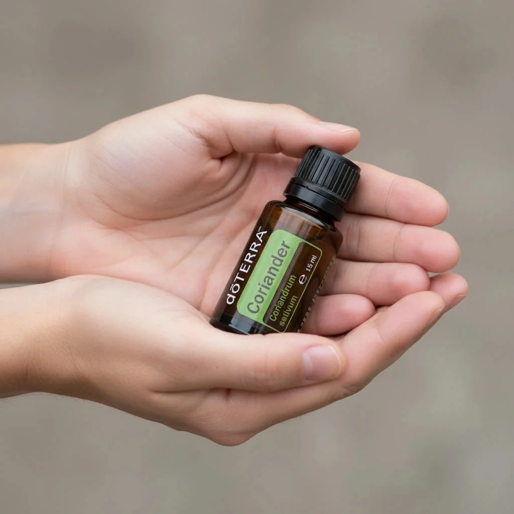 Dłonie trzymające Kolendra (nasiona) doTERRA – aplikacja olejku